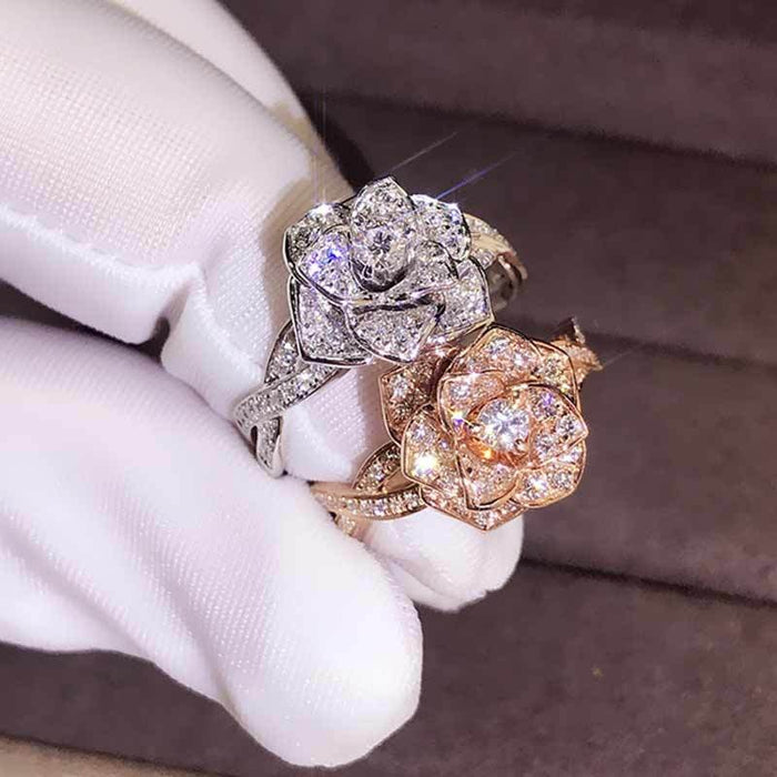 Rose Flower Bridal Ring For Women, Copper Rose Gold Plated Zircon Wedding Jewelry