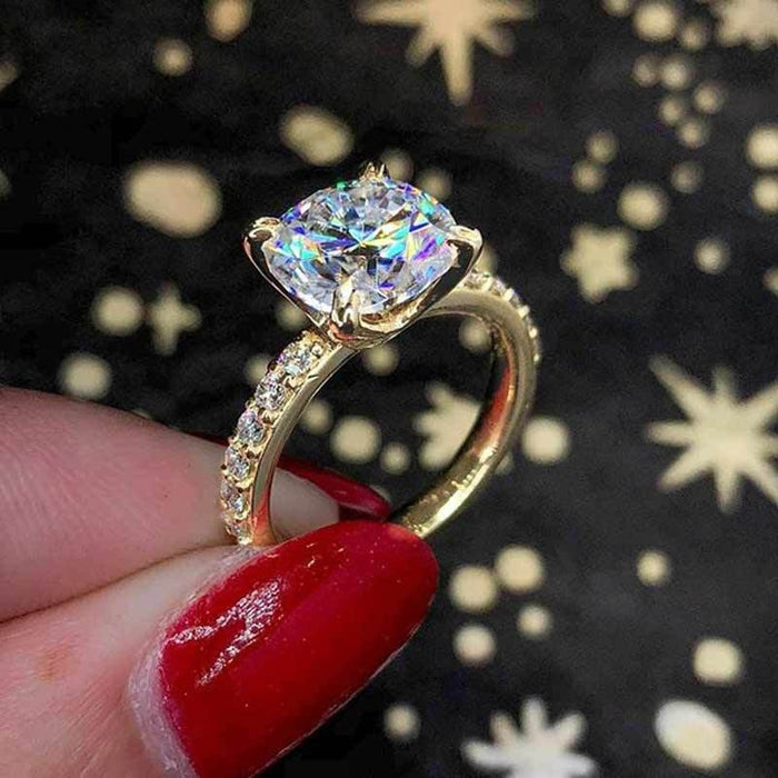 Classic Four Prong Round Zircon Ring, Real Gold Plated Copper Micro Pave Jewelry For Women