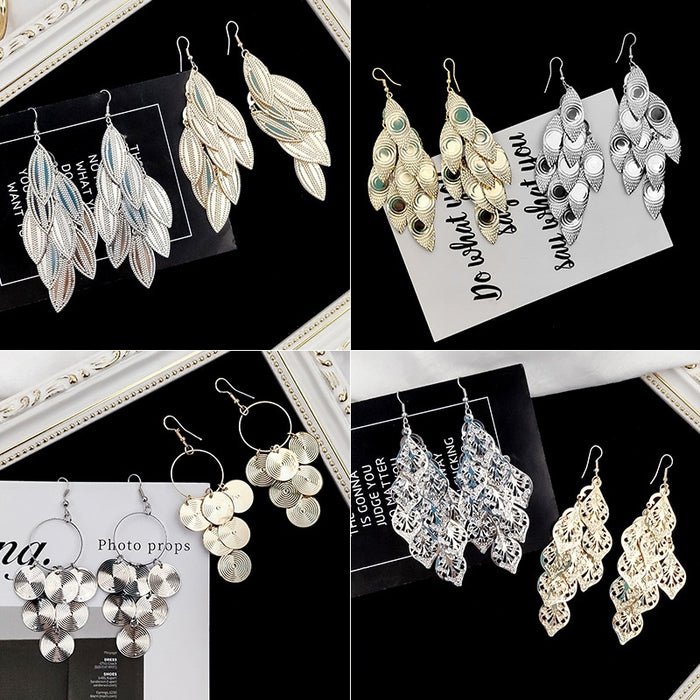 European Exaggerated Long Hollow Leaf Heart Earrings Matte Round Disc Tassel Drop Earrings