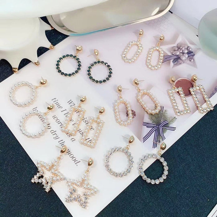 Elegant Korean Geometric Hollow Round Star Pearl Rhinestone Alloy Stud Drop Statement Earrings