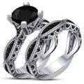 Vintage Couple Ring Set With Black Zircon, White Gold Plated Double Layer European Jewelry view 1