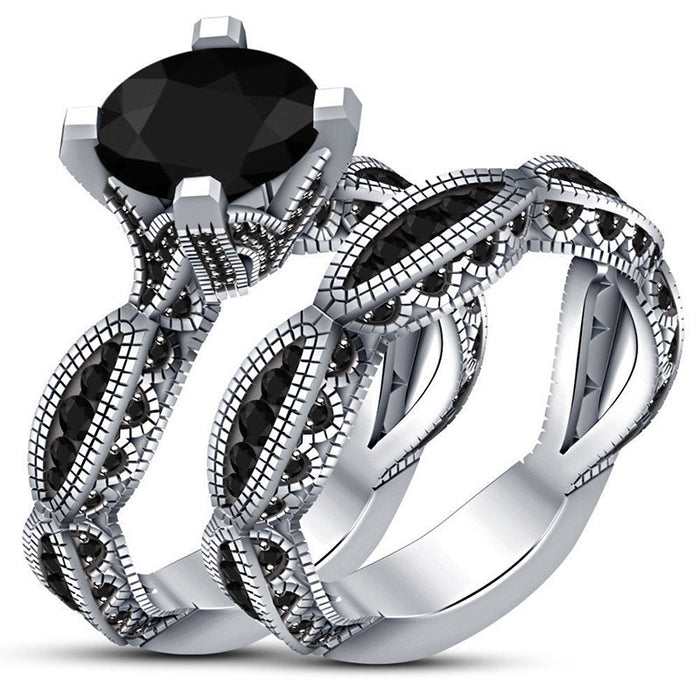 Vintage Couple Ring Set With Black Zircon, White Gold Plated Double Layer European Jewelry