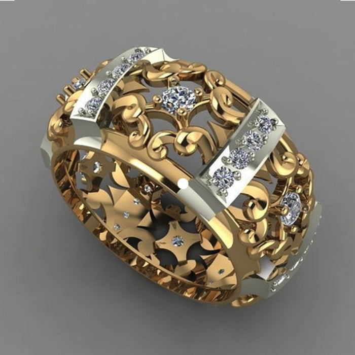 European Two Tone Plated Hollow Floral Zircon Ring, Fashion Jewelry Accessories For Women