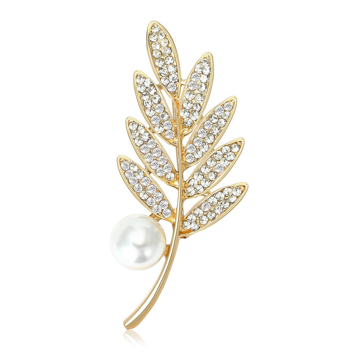 Alloy Pearl Rhinestone Leaf Brooch Pin For Women's Clothing Decoration