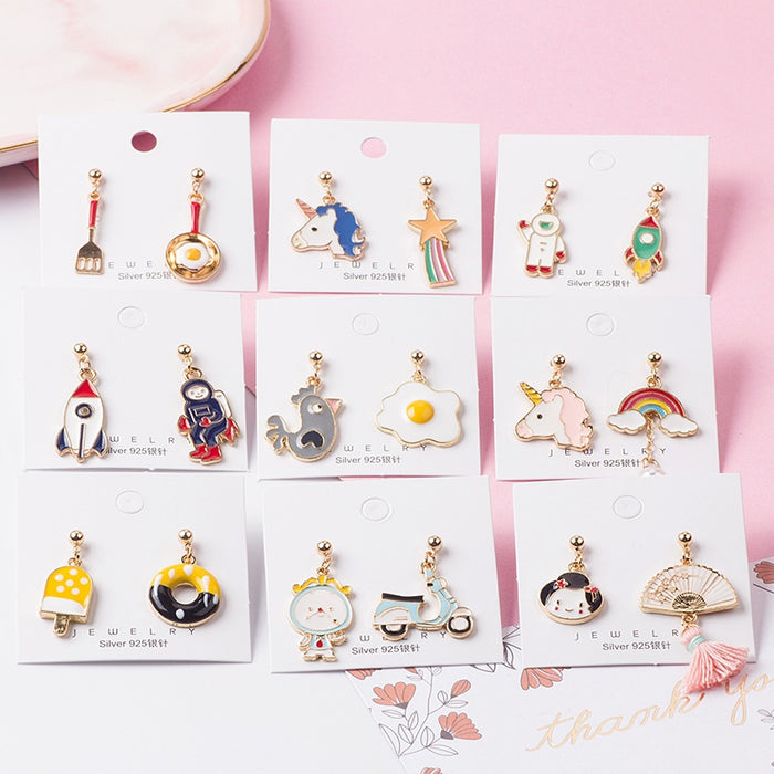 Sterling Silver Needle Asymmetric Fried Egg Donut Unicorn Stud Earrings Summer Fashion