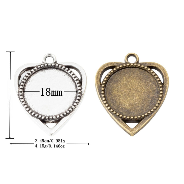 18mm Zinc Alloy Round Heart Bezel Charm Pendant for DIY Necklace Bracelet Jewelry Making