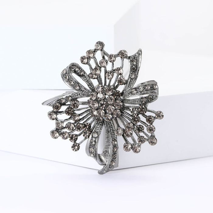 Gunmetal Alloy Full Rhinestone Bow Brooch Pin For Women's Coats