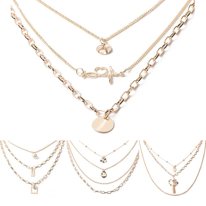 European Multi Layer Geometric Spliced Pearl Letter Necklace Trendy Collarbone Sweater Chain