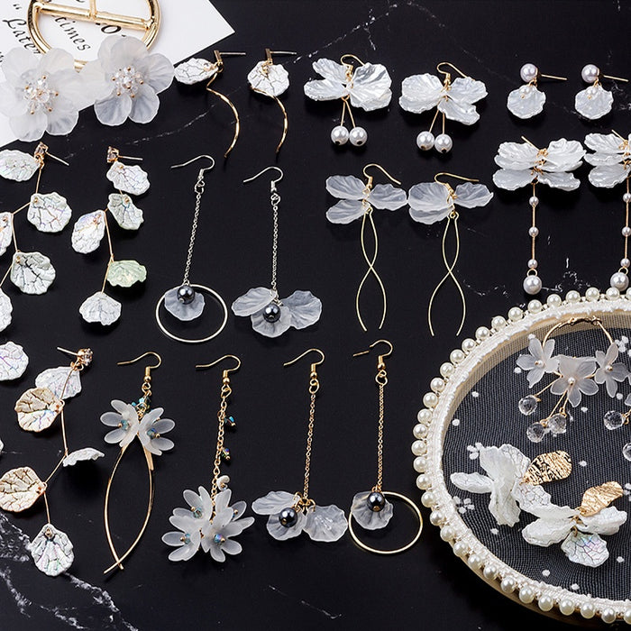 Elegant White Shell Flower Petal Pearl Alloy Stud Drop Earrings for Women Fresh Forest Style Earrings