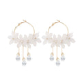 Elegant White Shell Flower Petal Pearl Alloy Stud Drop Earrings for Women Fresh Forest Style Earrings view 5
