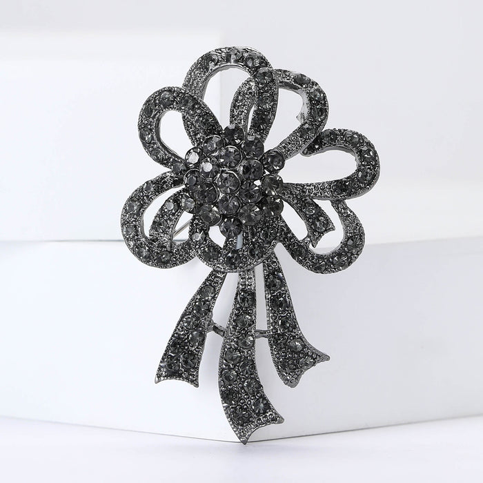 Gunmetal Alloy Rhinestone Flower Brooch Pin For Womens Apparel