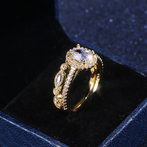 European Style Gold Plated Copper Cubic Zirconia Wedding Couple Rings Romantic Diamond Look