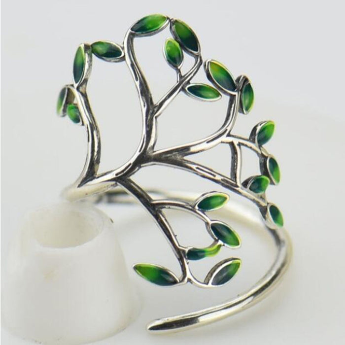 Korean Fresh Green Leaf Branch Ring, Handmade Enamel Adjustable Open Fashion Single Ring