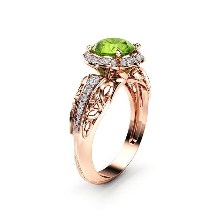 Rose Gold Plated Copper Flower Ring With Green Zircon, Women's Fashion Jewelry