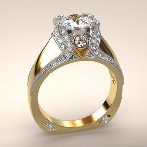 14K Gold Color Full Zircon Crown Ring Creative Two Tone Engagement Band For Women