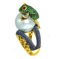 18K Gold Plated Two Tone Copper Frog Toad Playing Pearl Ring, Fashion Jewelry view 1