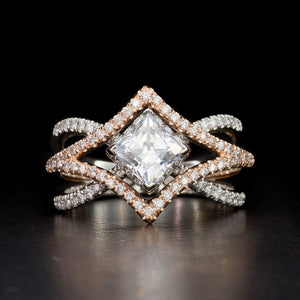 Creative Four Prong Sparkling Zircon Ring For Women Two Tone Cross Band Fashion Jewelry
