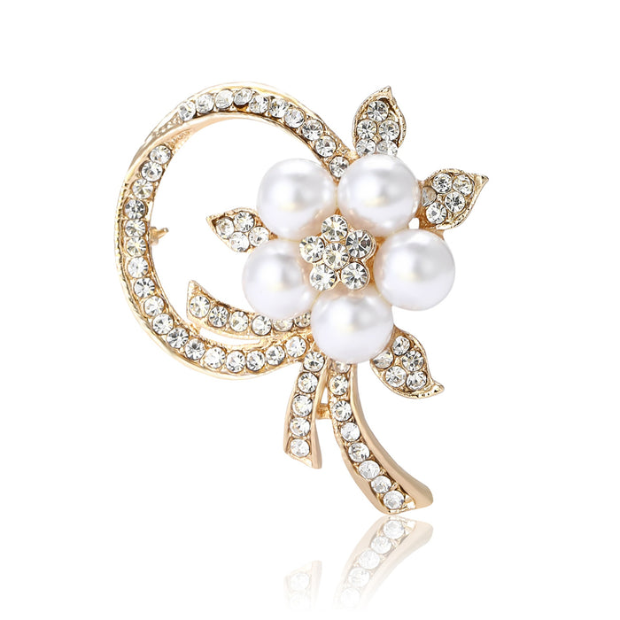 Rhinestone Pearl Alloy Flower Brooch Pin For Luxury Women Apparel