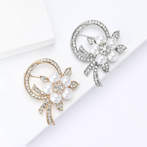 Rhinestone Pearl Alloy Flower Brooch Pin For Luxury Women Apparel