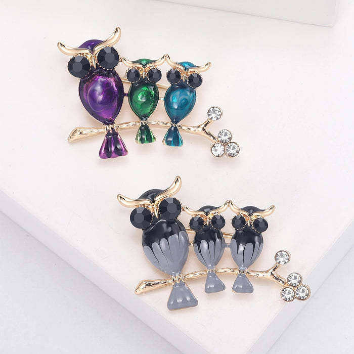 Rhinestone Alloy Three Owl Brooch For Cute Animal Decoration