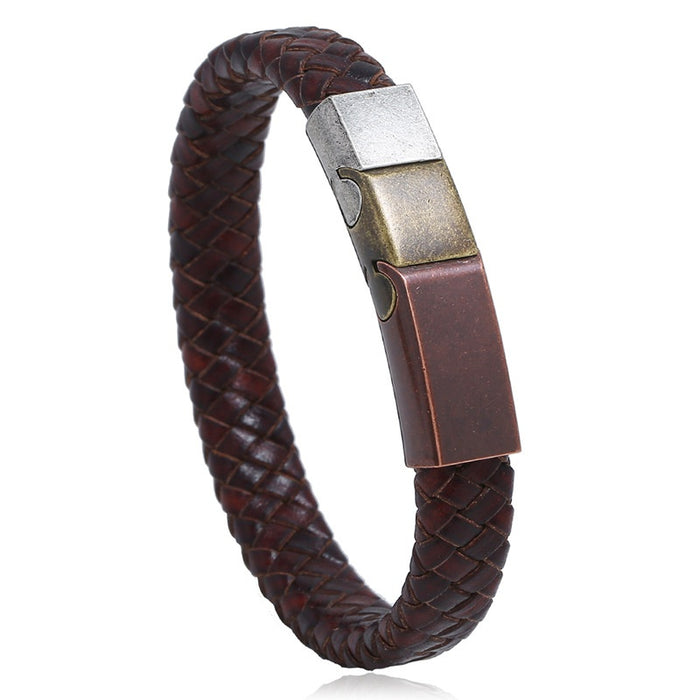 Vintage Braided Stainless Steel Faux Cowhide Leather Bracelet Titanium Steel Men's Bangle