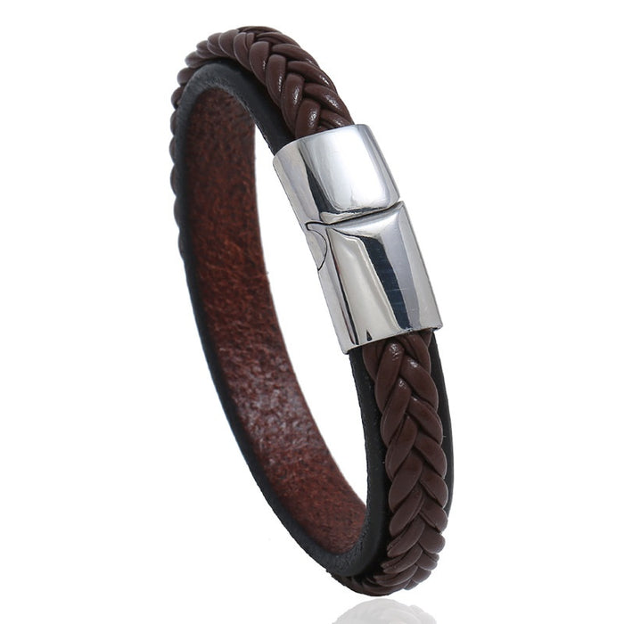 European American Leather Bracelet With Stainless Steel Magnetic Clasp, Men's Leather Bangle