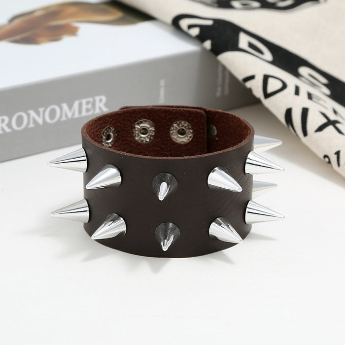 Exaggerated Mens Faux Cowhide Leather Bracelet With Double Row Spike Studs Punk Jewelry