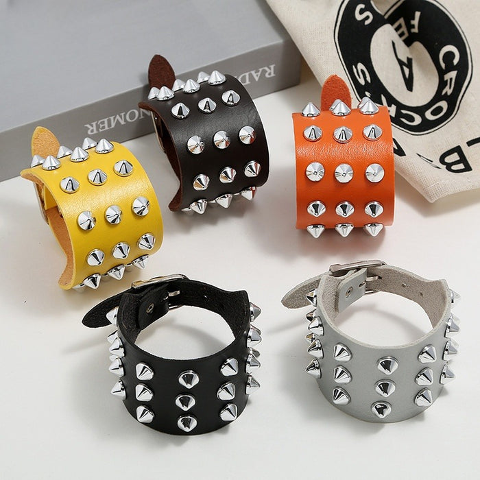 Exaggerated Men's Faux Cowhide Leather Bracelet, Punk Three Row Sharp Cone Studded Wristband Jewelry