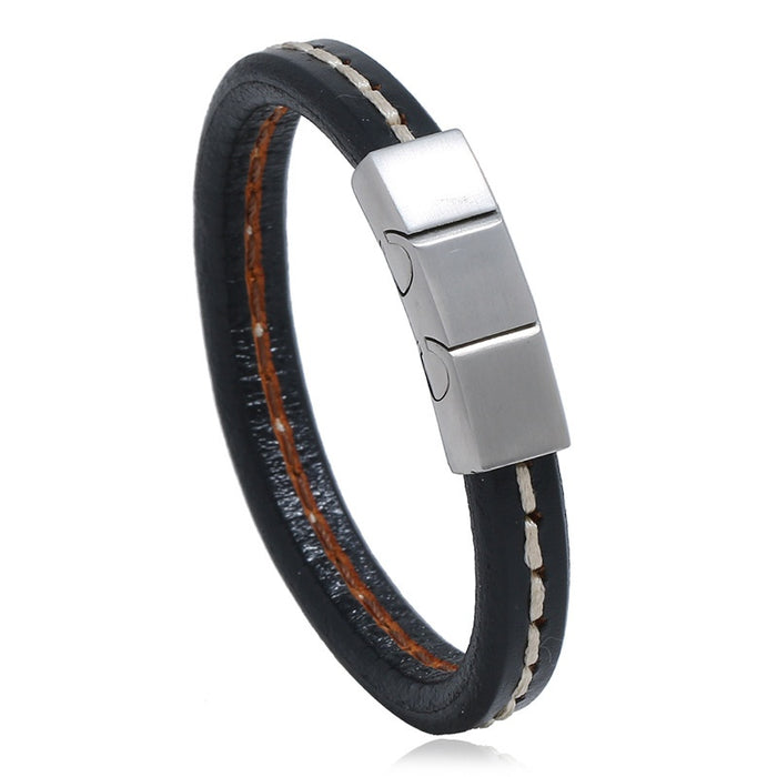 Simple Stainless Steel And Cowhide Leather Bracelet Casual Student Style Men's Wristband