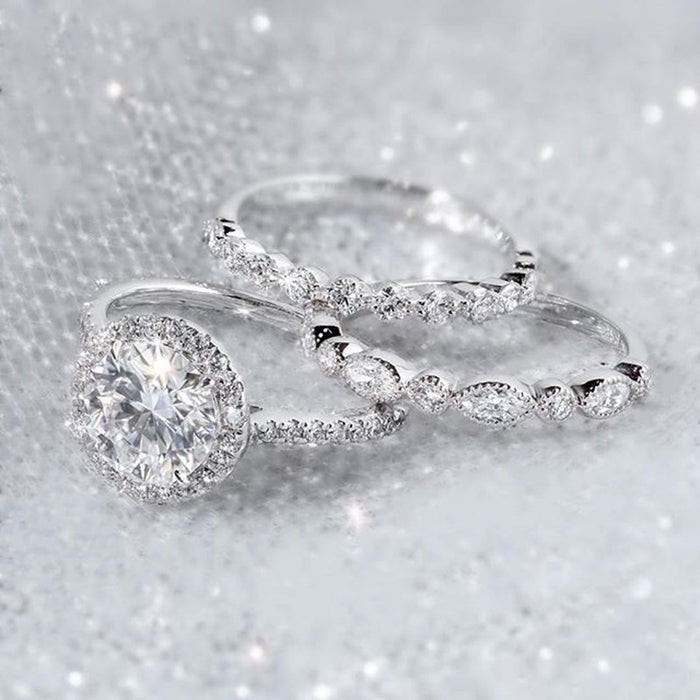 Trendy White Gold Plated Zircon Three Piece Stack Ring Set For Women Fashion Jewelry