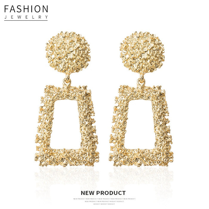 Luxury Gold Alloy Textured Geometric Trapezoid Drop Stud Earrings For Women Bohemian Statement Earrings