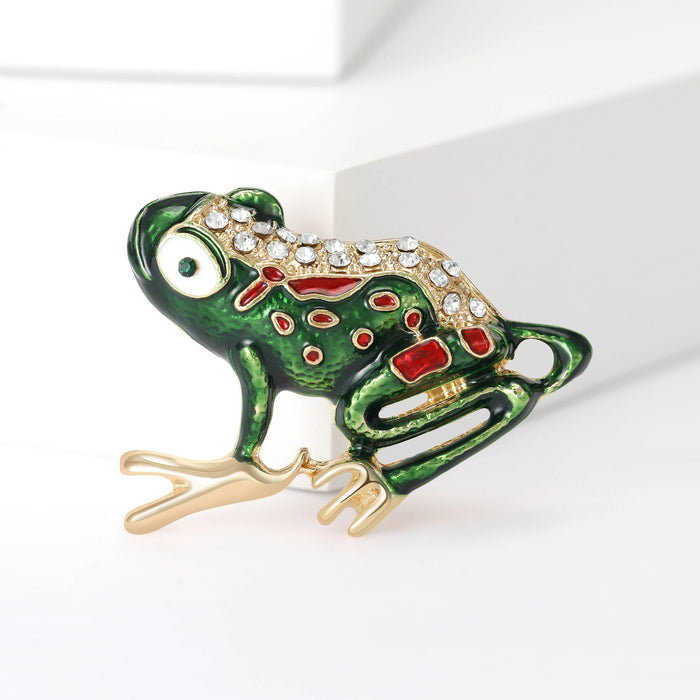 Alloy Enamel Frog Brooch Pin With Rhinestones For Apparel