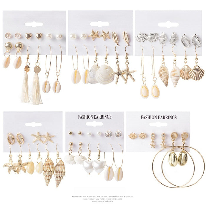Bohemian Alloy Shell Pearl Starfish Conch Tassel Hoop Stud Set Beach Ocean Style Fashion Earrings