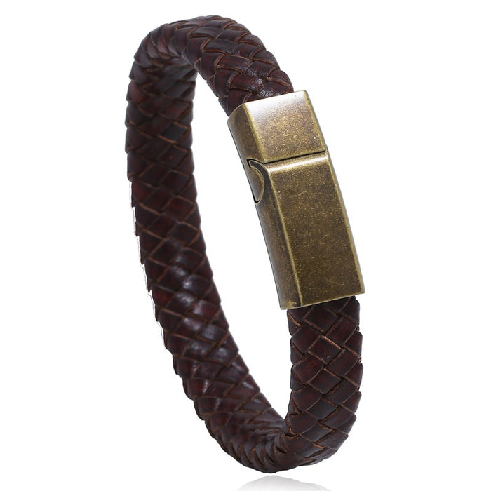 Stainless Steel Leather Bracelet Vintage Braided Men's Faux Cowhide Titanium Steel Bangle