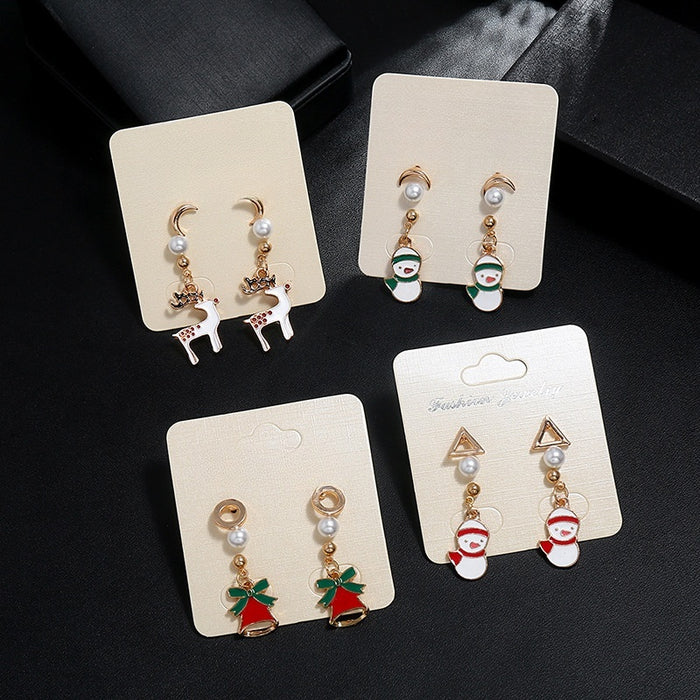 Women's Elegant Christmas Enamel Reindeer Snowman Bell Pearl Alloy Drop Stud Jewelry Set Earrings