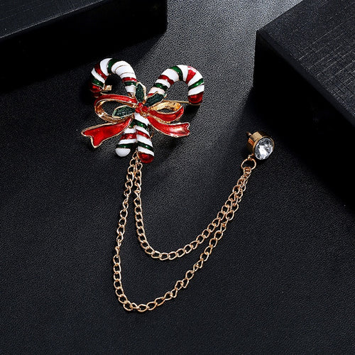 Colorful Enamel Christmas Candy Cane Double Layer Chain Collar Pin Brooch Corsage Gift