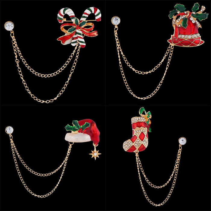 Colorful Enamel Christmas Candy Cane Double Layer Chain Collar Pin Brooch Corsage Gift
