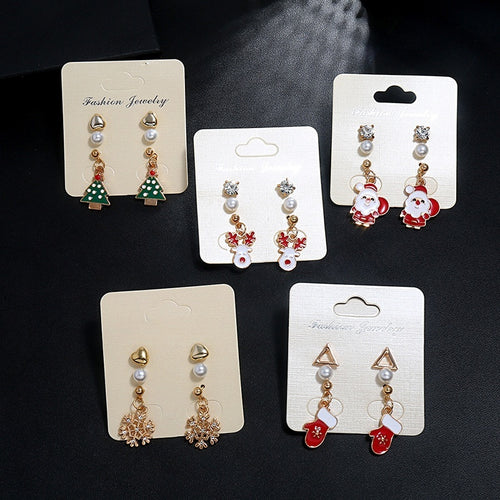 Elegant Christmas Enamel Santa Reindeer Snowflake Pearl Zircon Alloy Stud Drop 3 Piece Set Earrings