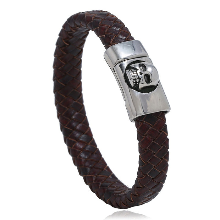 Vintage Braided Stainless Steel Faux Leather Skull Bracelet Titanium Steel Men's Bangle