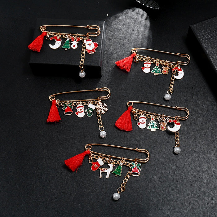 Christmas Cartoon Santa Reindeer Snowflake Pearl Brooch Pin, Fun Holiday Jewelry For