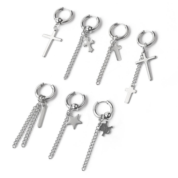 Punk Silver Alloy Huggie Hoop Cross Skull Star Charm Chain Tassel Women's Fashion Earrings