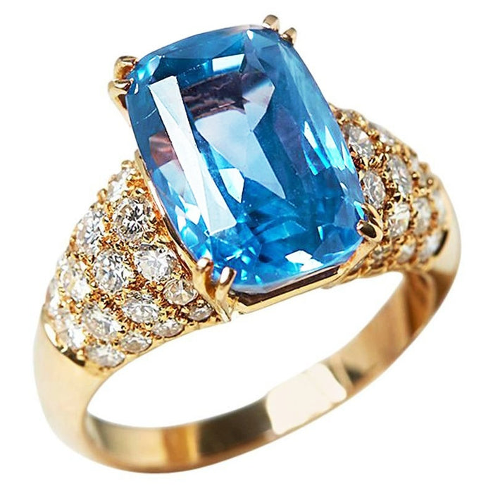 Gold Plated Copper Ring With Aquamarine Blue Zircon Inlay Fashion Micro Paved Finger Jewelry