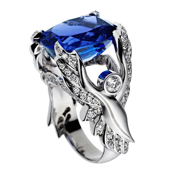 Creative Angel Wing Ring With Blue Zircon Inlay, European Fashion Cross Border Jewelry