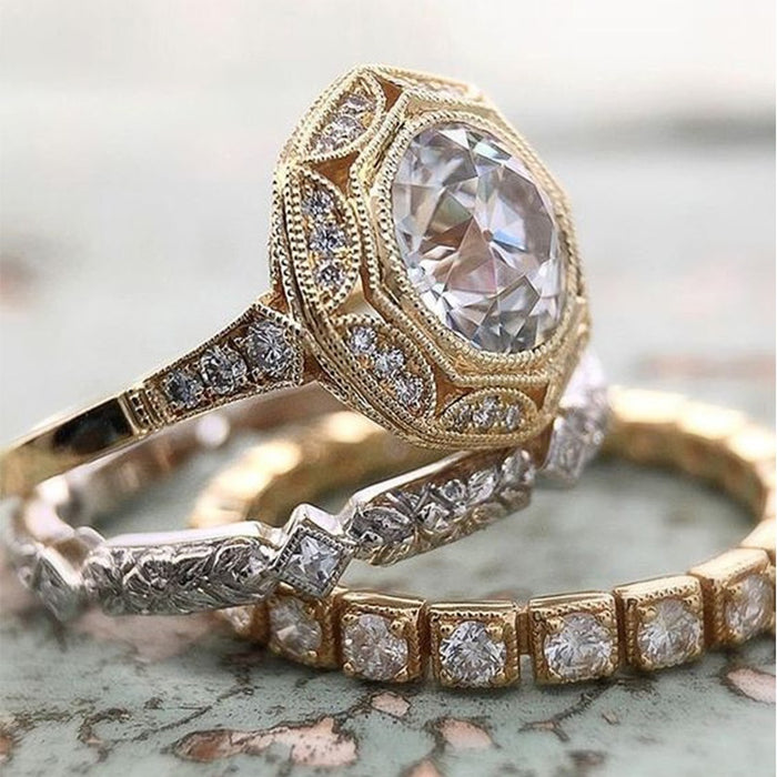 Full Zircon Geometric Ring Three Piece Set For Women European American Fashion Jewelry