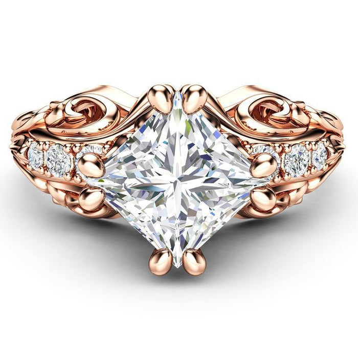 Classic Hollow Carved Rose Gold Ring With Prong Set Zircon, Fashion Jewelry Accessory