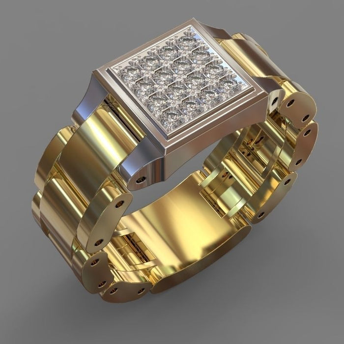 Creative Hip Hop Men's Band Ring With Zircon Studded Watch Strap Design, Fashion Jewelry