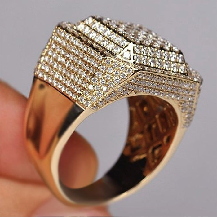 European American Trendy Men's Square Micro Pave Rhinestone Alloy Statement Ring