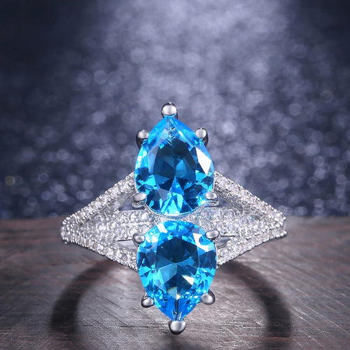 Creative Symmetrical Blue Gemstone Womens Ring European American Style Wedding Jewelry
