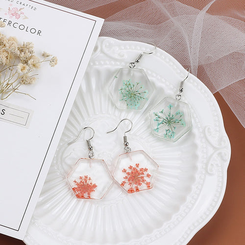 Elegant Transparent Acrylic Hexagon Dried Flower Resin Geometric Drop Hook Fashion Earrings