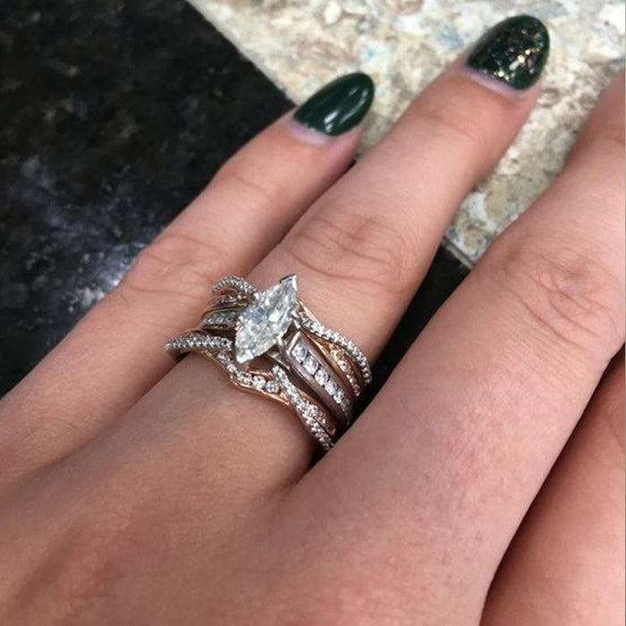 Fashion Queen Style Zircon Three Piece Ring Set, Luxury Women's Jewelry For